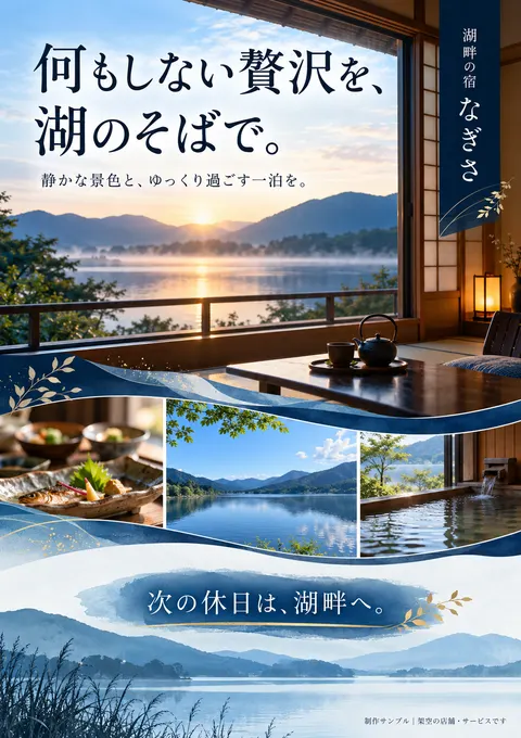 旅館のチラシ見本「湖畔の宿なぎさ」