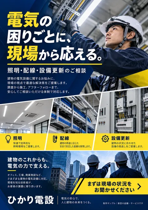 電気工事のチラシ見本「ひかり電設」