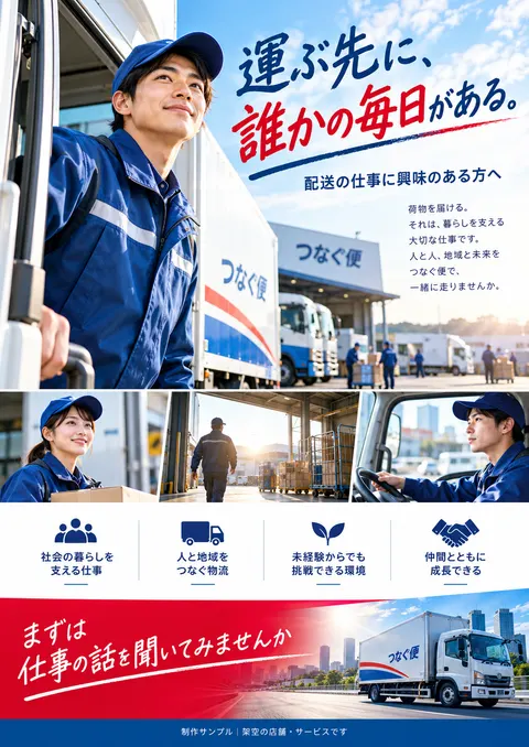 物流のチラシ見本「つなぐ便 ドライバー募集」